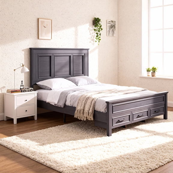 ACCOHOHO Farmhouse Queen Bed Frame, 1000 LBS Max with Bolt-on Rails & Center-Slat, 3 Drawer Storage, No Squeaks, No Box Spring Needed, King Size Bedroom Set & Camas,Black