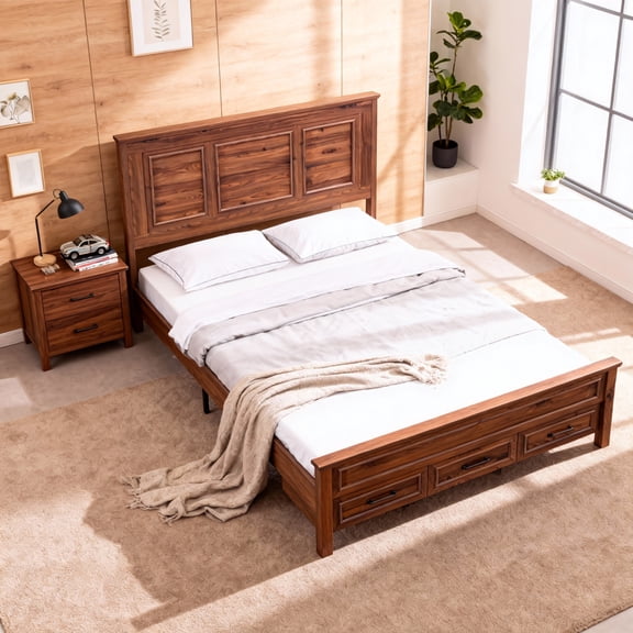 ACCOHOHO Farmhouse Queen Bed Frame, 1000 LBS Max with Bolt-on Rails & Center-Slat, 3 Drawer Storage, No Squeaks, No Box Spring Needed, King Size Bedroom Set & Camas,Brown