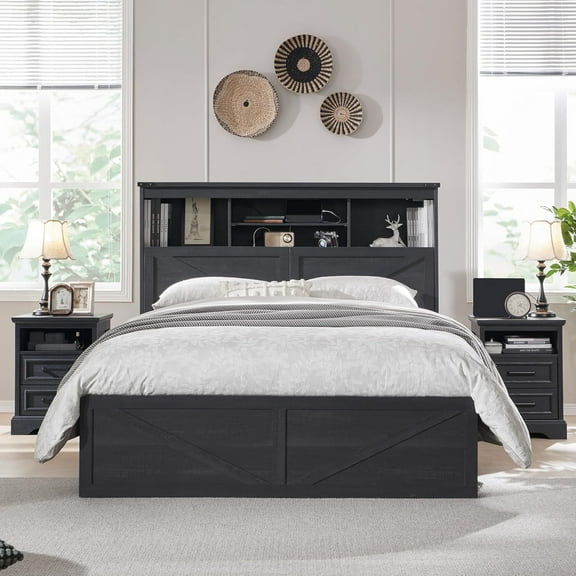 ACCOHOHO Farmhouse Queen Size Bed with 4 Drawers, Platform Storage Bed Frame with 52" Wooden Bookcase Headboard and LED Light，Black