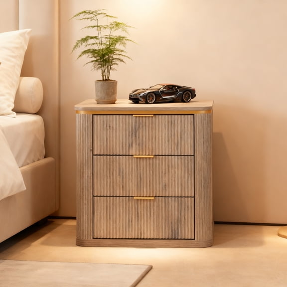 OKD Mid-Century Modern Nightstand with 3 Storage Drawers，24" Wide End Table，Natural Wood Grain，for Bedroom & Living Room