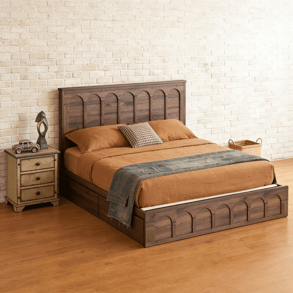 ACCOHOHO Modern King Bed Frame with Headboard, 52" High Arched Recessed Headboard, 4 Spacious Storage Drawers, Noise Free, Easy Assembly, No Box Spring Needed, Brown