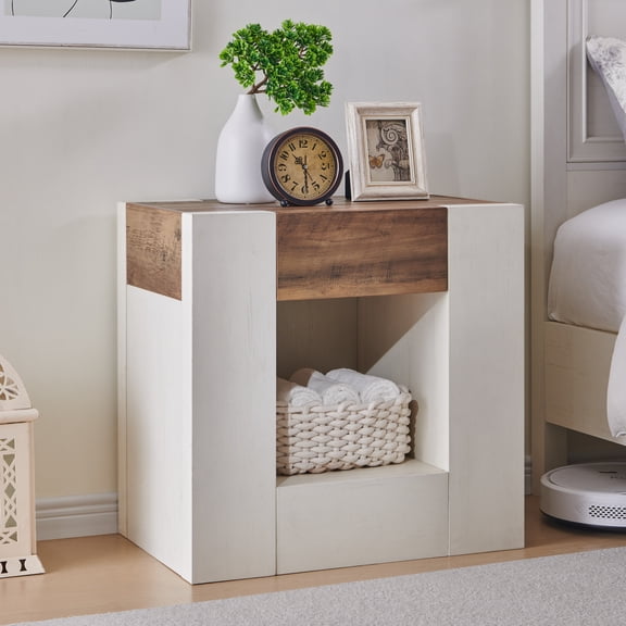OKD Modern Nightstand-Versatile Bedroom/Entryway with Charging Console & Push-Open Drawer, Engineered Wood
