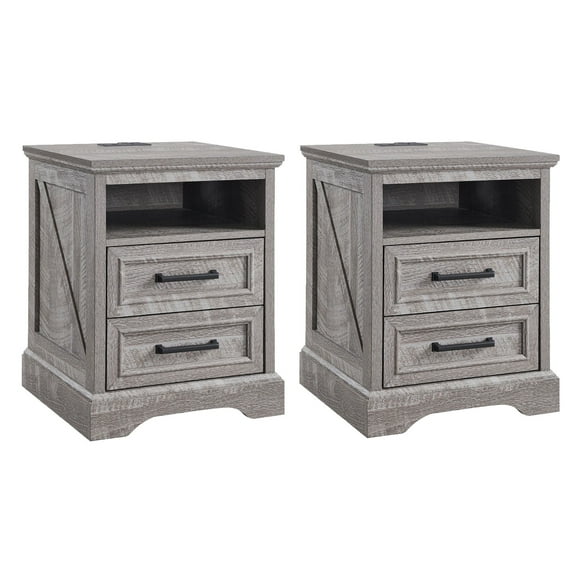 ACCOHOHO Nightstands Set of 2 with Charging Station, Rustic End Table with 2 Drawers Farmhouse Side Table with 3-tier Storagefor Bedroom Living Room, Gray
