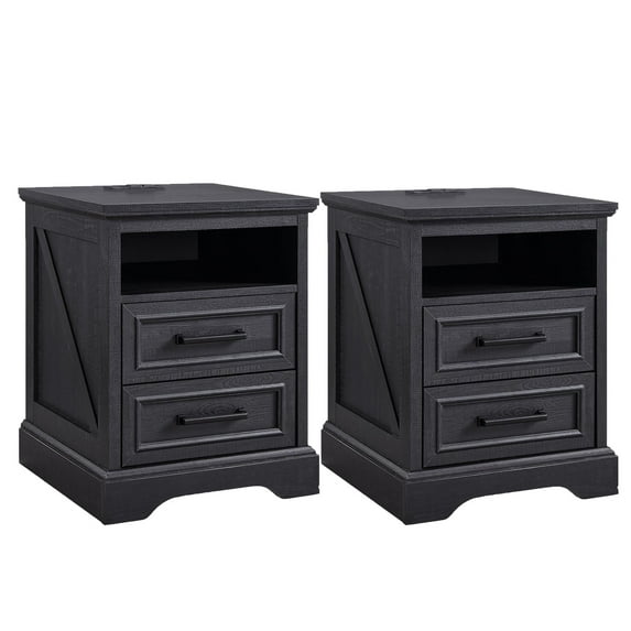 ACCOHOHO Nightstands Set of 2 with Charging Station, Rustic End Table with 2 Drawers Farmhouse Side Table with 3-tier Storage for Bedroom Living Room, Black