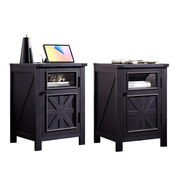 ACCOHOHO Nightstands Set of 2 with Charging Station, Rustic End Table with Barn Door & 3-tier Storage Space for Living room,Black