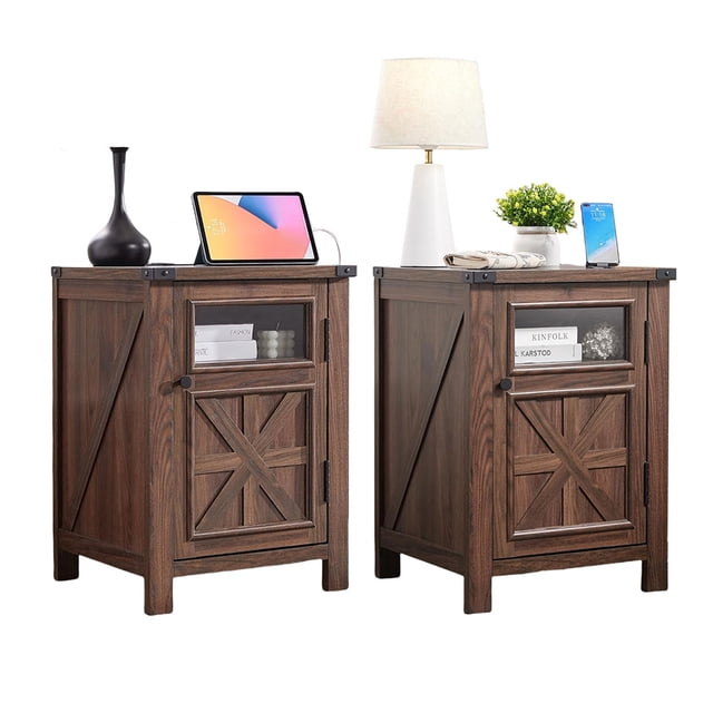 ACCOHOHO Nightstands Set of 2 with Charging Station, Rustic End Table ...