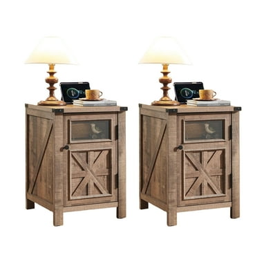 ACCOHOHO Nightstands Set of 2 with Charging Station, Rustic End Table with Barn Door & 3-tier Storage Space for Living room,Light Brown