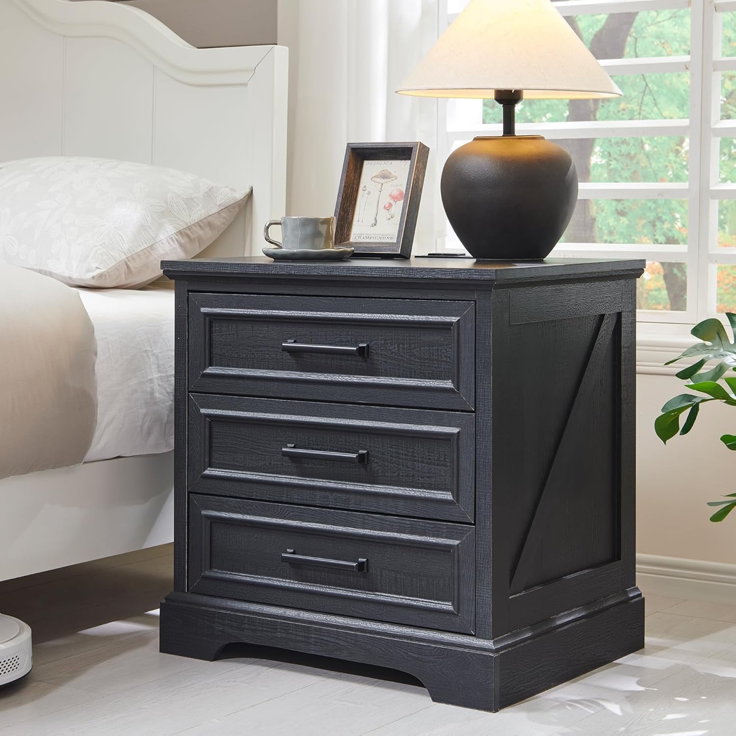 ACCOHOHO Rustic 3 Drawers Nightstand with Charging Station 24 Wide Wood Farmhouse Night Stand with Drawers for Bedroom Living Room Black
