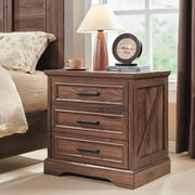 ACCOHOHO Rustic 3 Drawers Nightstand with Charging Station, 24" Wide Wood Farmhouse Night Stand with Drawers for Bedroom, Living Room, Brown
