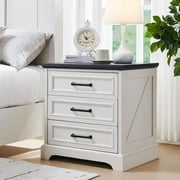 ACCOHOHO Rustic 3 Drawers Nightstand with Charging Station, 24" Wide Wood Farmhouse Night Stand with Drawers for Bedroom, Living Room, White