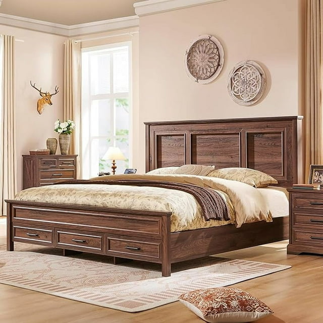 ACCOHOHO Rustic King Size Bed Frame with 52" Tall Full-Panel Headboard, Wood Platform Bedframe with Footboard and Storage Drawers, No Squeak, No Box Spring Needed, Brown