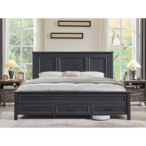 ACCOHOHO Rustic Queen Size Bed Frame with 52" Tall Full-Panel Headboard, Wood Platform Bedframe with Footboard and Storage Drawers, No Squeak, No Box Spring Needed, Antique Black