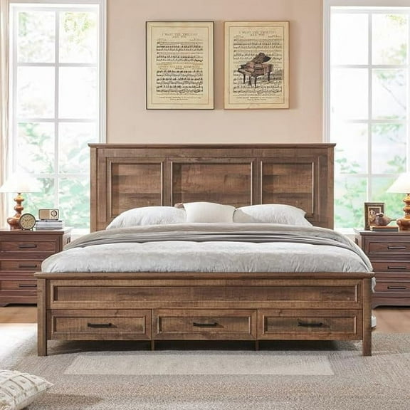 ACCOHOHO Rustic Queen Size Bed Frame with 52" Tall Full-Panel Headboard, Wood Platform Bedframe with Footboard and Storage Drawers, No Squeak, No Box Spring Needed, Light Brown
