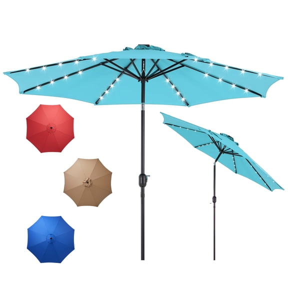 ACCVER 10ft Solar Patio Umbrella with LED Lights - Market Table Umbrella with Tilt Adjustment & UV-Resistant Fabric for Outdoor Garden Deck Pool Beach, Light Blue