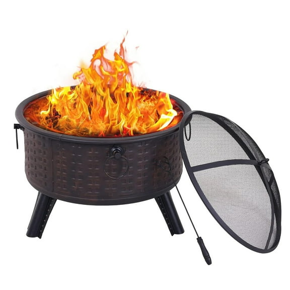 ACCVER 26" Round Deep Wood Burning Fire Pit - Heavy Duty Steel Bonfire Pit with Spark Screen Cover, Poker & Safe Mesh Lid for Backyard, Garden, Camping
