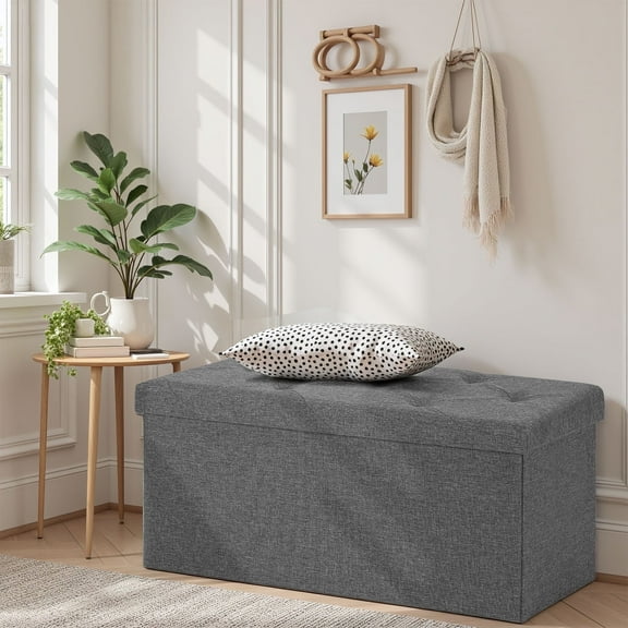 ACCVER 30" Storage Ottoman Bench - Foldable Ottoman Upholstered Entryway Bench, 400lbs Large End of Bed Bench with Storage Chest for Bedroom, Living Room, Grey