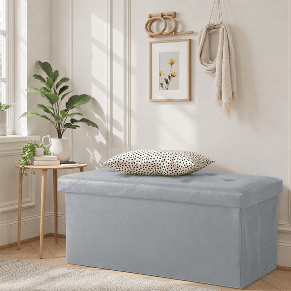 ACCVER 30" Storage Ottoman Bench - Faux Leather Foldable Ottoman Upholstered Entryway Bench, 400lbs Large End of Bed Bench with Storage Chest for Bedroom, Living Room, Grey