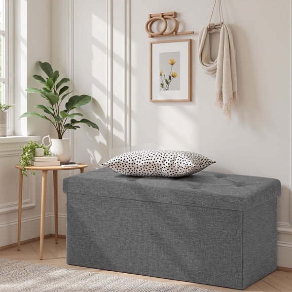 ACCVER 30" Storage Ottoman Bench - Foldable Ottoman Upholstered Entryway Bench, 400lbs Large End of Bed Bench with Storage Chest for Bedroom, Living Room, Grey