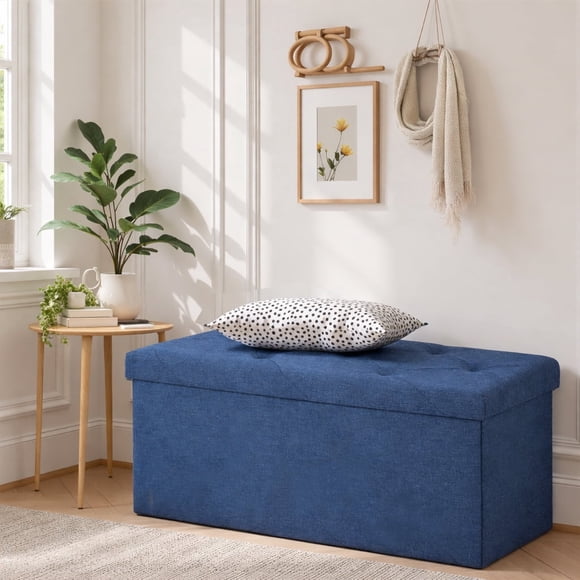 ACCVER 30" Storage Ottoman Bench - Foldable Ottoman Upholstered Entryway Bench, 660lbs Large End of Bed Bench with Storage Chest for Bedroom, Living Room, Blue