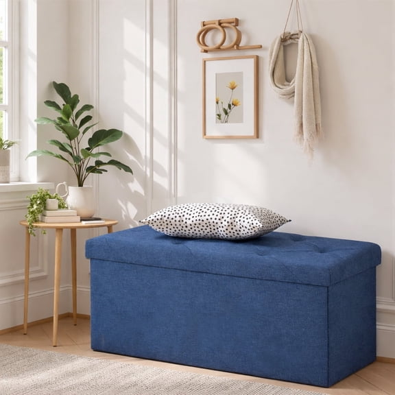 ACCVER 30" Storage Ottoman Bench - Foldable Ottoman Upholstered Entryway Bench, 660lbs Large End of Bed Bench with Storage Chest for Bedroom, Living Room, Blue