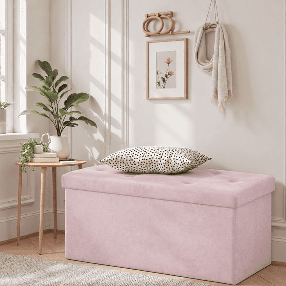 ACCVER 30" Storage Ottoman Bench - Foldable Ottoman Upholstered Entryway Bench, 660lbs Large End of Bed Bench with Storage Chest for Bedroom, Living Room, Pink