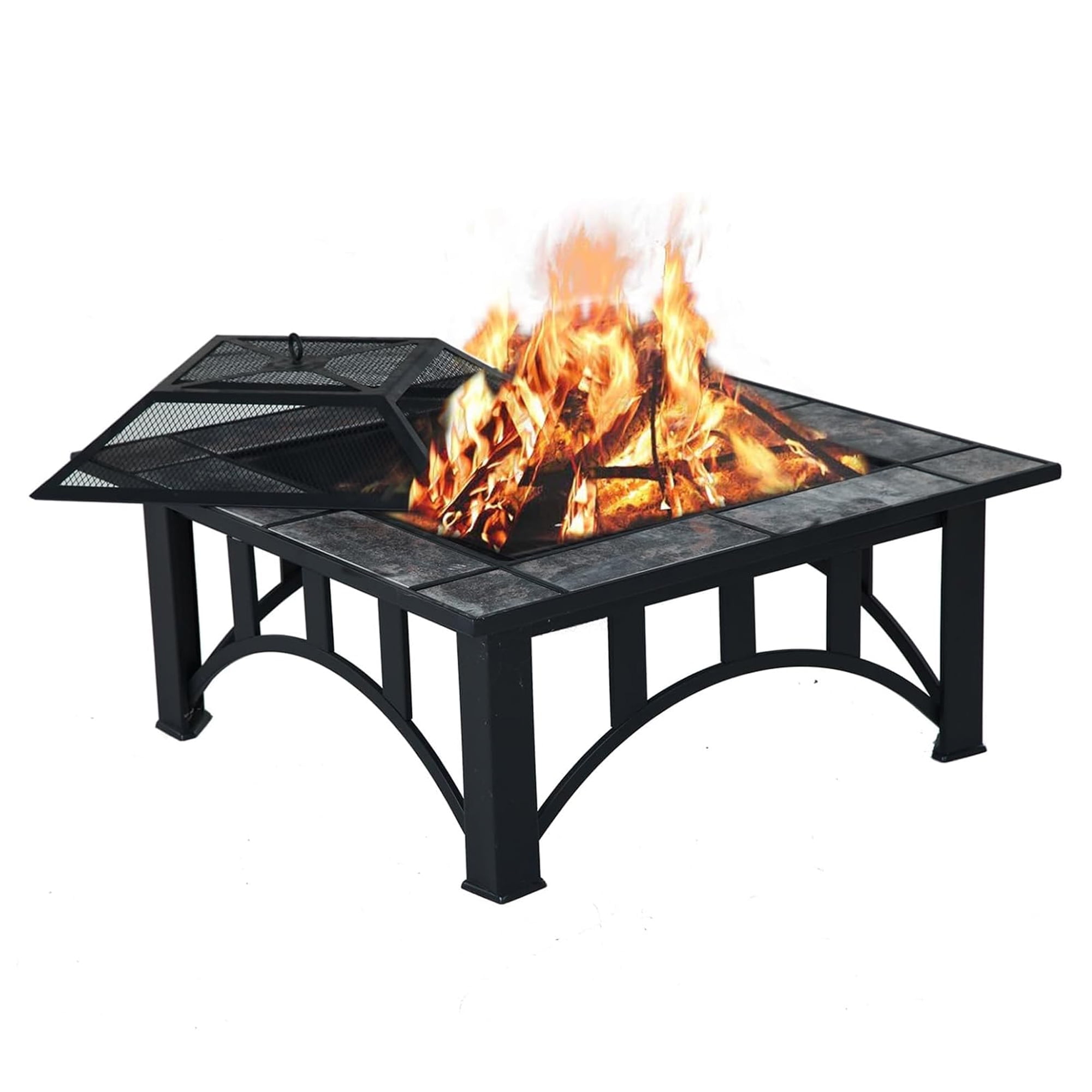 ACCVER 35" Square Wood Burning Fire Pit with Marble Tile Tabletop - Outdoor Fire Table for Patio, Backyard & Camping – Includes Spark Screen & Poker
