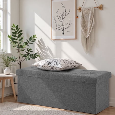 ACCVER 43" Storage Ottoman Bench - Foldable Ottoman Upholstered Entryway Bench, 660lbs Large End of Bed Bench with Storage Chest for Bedroom, Living Room, Grey