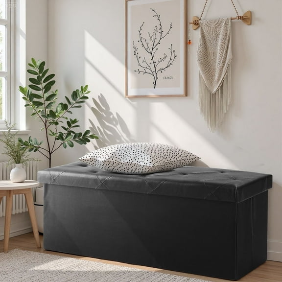 ACCVER 43" Storage Ottoman Bench - Faux Leather Foldable Ottoman Upholstered Entryway Bench, 660lbs Large End of Bed Bench with Storage Chest for Bedroom, Living Room, Black