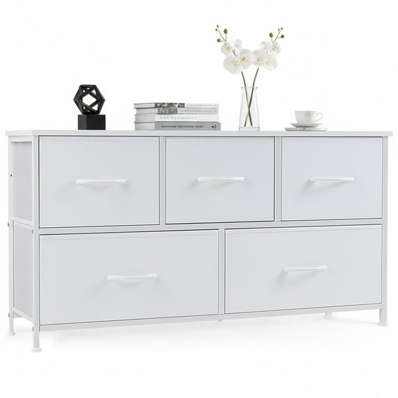 ACCVER 5-Drawer Fabric Dresser for Bedroom, Wood Top TV Stand, Closet and Chest, Clothes Storage Organizer, for Living Room, Apartment, White