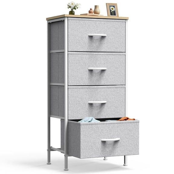ACCVER Dresser for Bedroom 4 Storage drawer, Fabric Closet Chests Organizer Tower with Wooden Top Metal Frame for Living Room Hallway Entryway, Light Gray