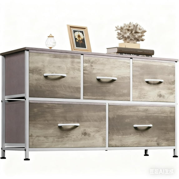 ACCVER Dresser for Bedroom 5 Storage drawer, Fabric Closet Chests Organizer Tower with Wooden Top Metal Frame for Living Room Hallway Entryway, Oak