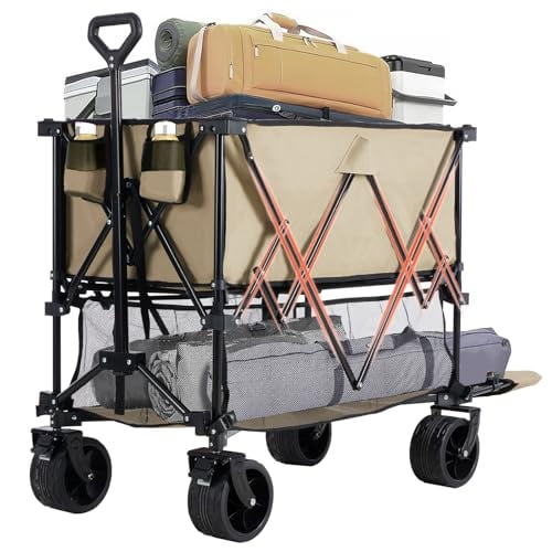 ACCVER Heavy Duty Collapsible Double Decker Wagon - 440LBS Capacity Utility Cart w/ All-Terrain Wheels, Drink Holders for Camping, Beach, Grocery, Sports (Foldable & Portable), Extra Large Brown