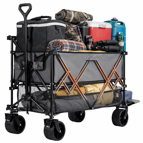 ACCVER Heavy Duty Collapsible Double Decker Wagon - 440LBS Capacity Utility Cart w/ All-Terrain Wheels, Drink Holders for Camping, Beach, Grocery, Sports (Foldable & Portable), Extra Large Grey