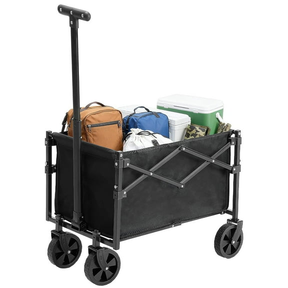ACCVER Heavy Duty Collapsible Wagon Cart - 176LBS Capacity Folding Utility Cart w/ All-Terrain Wheels, Drink Holders for Camping, Beach, Grocery, Sports (Foldable & Portable), Large Black
