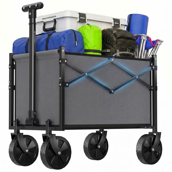 ACCVER Heavy Duty Collapsible Wagon Cart - 220LBS Capacity Folding Utility Cart w/ All-Terrain Wheels, Drink Holders for Camping, Beach, Grocery, Sports (Foldable & Portable),Mini Grey