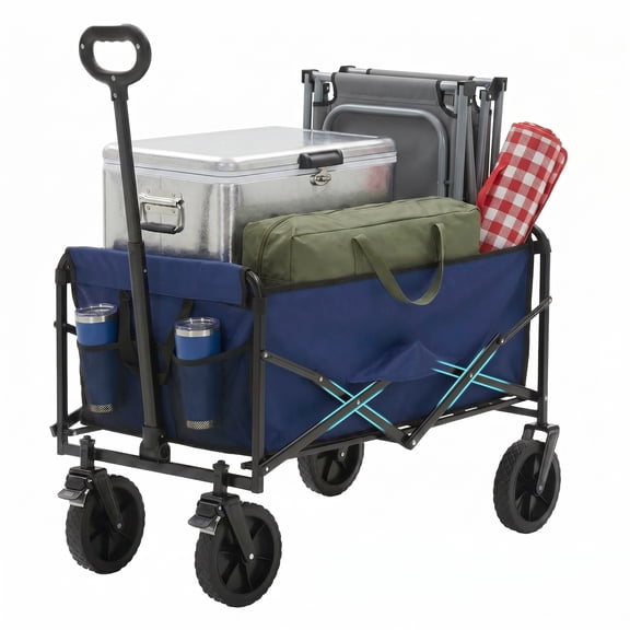 ACCVER Heavy Duty Collapsible Wagon Cart - 330LBS Capacity Folding Utility Cart w/ All-Terrain Wheels, Drink Holders for Camping, Beach, Grocery, Sports (Foldable & Portable), Blue