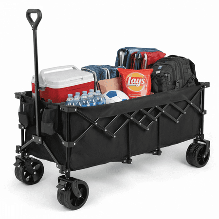 ACCVER Heavy Duty Collapsible Wagon - Folding Wagons Outdoor Camping Wagon Foldable & Portable w/ All-Terrain Wheels, Drink Holders,440LBS Capacity, Extra Large Black