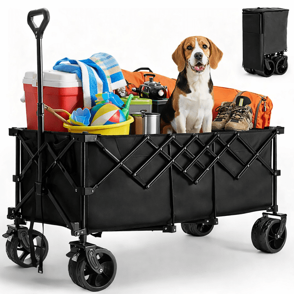 ACCVER Heavy Duty Collapsible Wagon Cart - 440LBS Capacity Folding Utility Cart w/ All-Terrain Wheels, Drink Holders for Camping, Beach, Grocery, Sports (Foldable & Portable), Extra Large Black