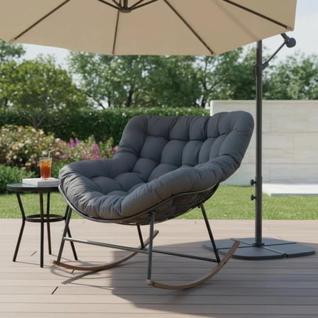 ACCVER Outdoor Rocking Chair E-Coated Rocking Chair with Cushion Outdoor Rocker Recliner Chair for Patio Porch Garden Backyard, Light Gray