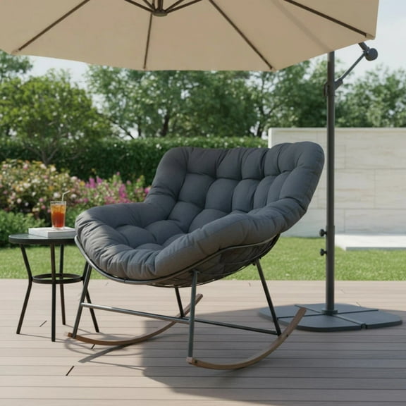 ACCVER Outdoor Rocking Chair E-Coated Rocking Chair with Cushion Outdoor Rocker Recliner Chair for Patio Porch Garden Backyard, Light Gray