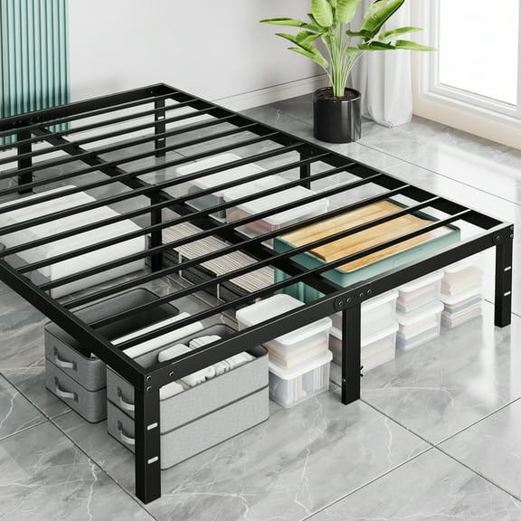 ACCVER Queen Size Bed Frame - 14in Heavy-Duty Steel Platform, Ample Under-Bed Storage Space, No Box Spring Needed, Sturdy Metal Slat Support