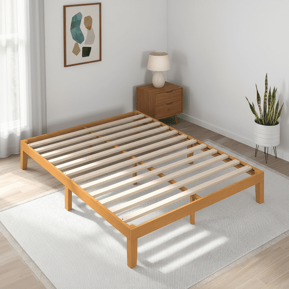 ACCVER Solid Wood Queen Size Bed Frame - 12in Natural Pine Platform Base with Wood Slats, Noise-Free & No Box Spring Needed, Natural Finish, Easy Assembly