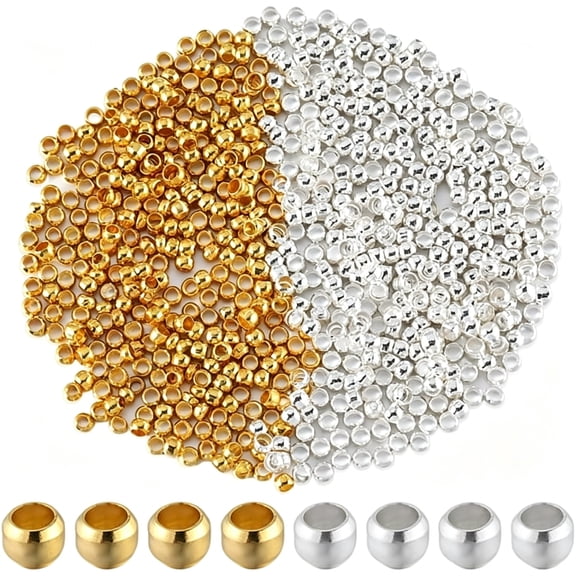 ACDANC 1 Box 2000Pcs 2Mm Crimp Beads Metal Round Crimp Beads Gold Silver Spacer Stopper Bead Clamp Ends Rondelle Crimper Bead