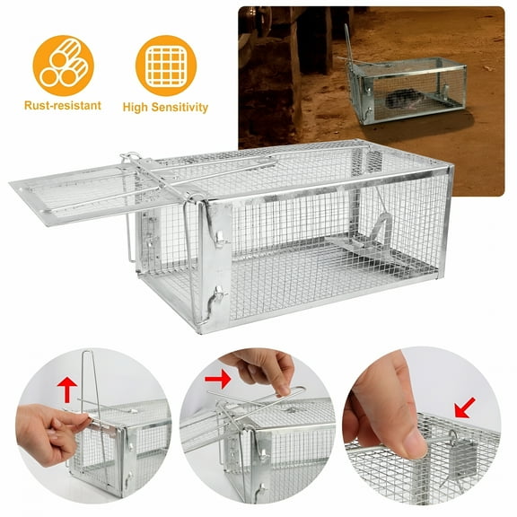 ACDANC 1-Door Humane Live Animal Trap, Galvanized Iron Catch and Release Cage for Squirrels, Chipmunks, Mice, and Rats, Silver