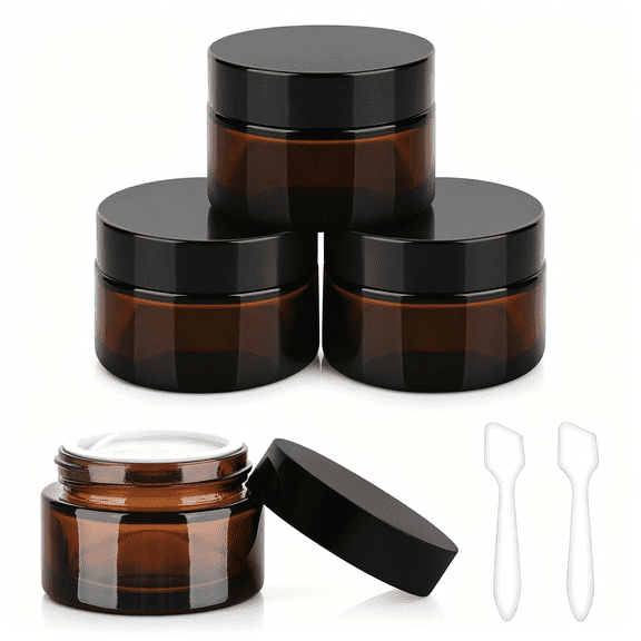ACDANC 1 Oz Glass Jars with Lids,4 Pack Amber Makeup Sample Container with Inner Liners&Spatulas,Leak Proof Round Travel Cosmetic Storage for Diy Making Lotions,Creams,Body Scrub,Bath Salts