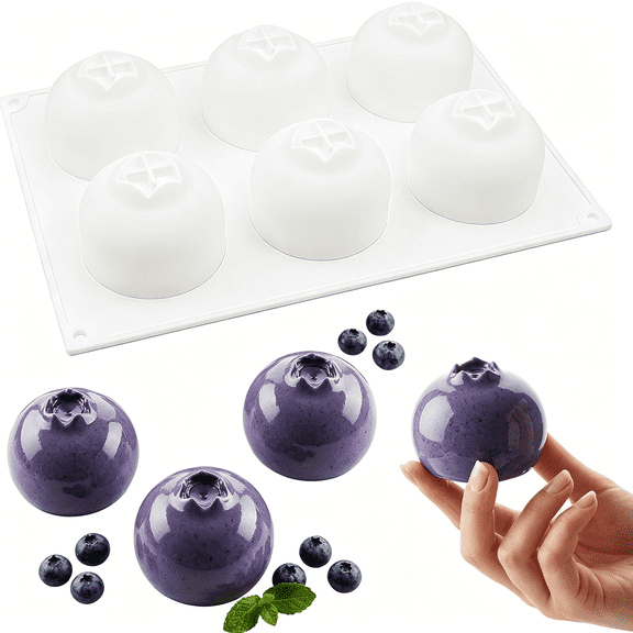 ACDANC 1 Pack Large 6-Cavity 3D Blueberry Silicone Mold, Food-Grade Non-Stick Fruit Mold, Heat-Resistant Fruit Shaped Molds for Mousse Cake Chocolate Candy Jelly Soap Candle Making (White)