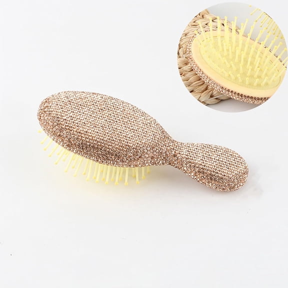 ACDANC 1 Pack Rhinestone Hair Brush Detangling Bling Detangle Massage Sparkle Compact Comb Crystal Air Cushion for Women Wet Dry Small Round Brush (All Champagne-Small-Round)