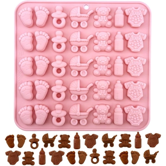 ACDANC 1 Piece Baby Shower Theme Mini Silicone Chocolate Molds Footprints,Pacifier,Stroller,Teddy Bear,Bottle and Onesie Shape 3D Chocolate Candy Moulds for Baby Shower,Birthday