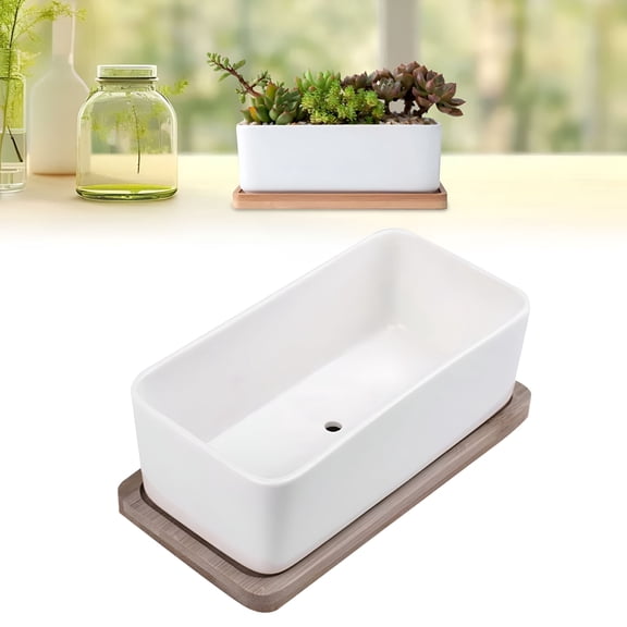 ACDANC 1 Set Ceramic Tray Succulent Planter Beverage Container Rectangular Flower Pots Ceramic Succulent Pots Ceramic Flower Pots Decorative Pot Bonsai Wooden White