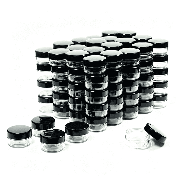 ACDANC 10 Gram Sample Containers with Lids, Small Containers with Black Lid | Small Travel Size Containers, Plastic Sample Jars with Labels, for Makeup, Eye Shadows, Lotions, Creams100 Count